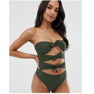 Missguided Triple Tie Bow Front One Piece Olive Green Swimsuit Sz 2